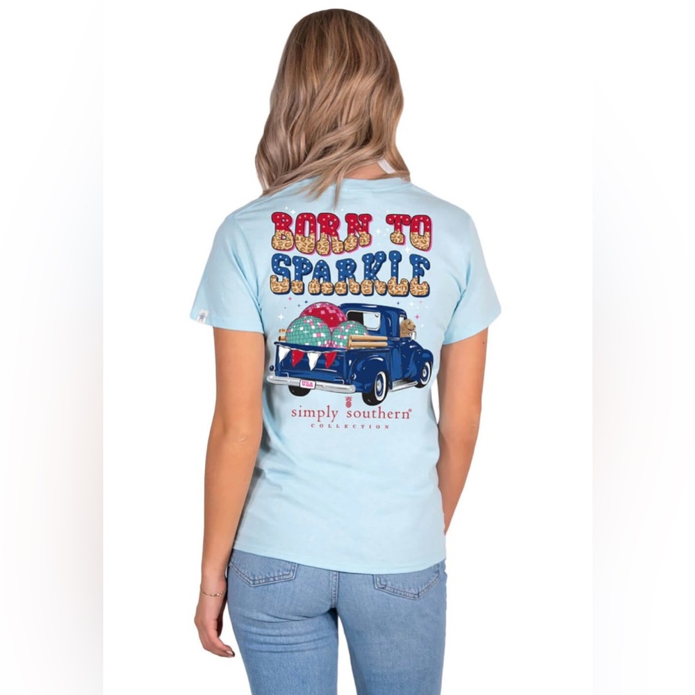 NWT Simply Southern blue born to sparkle phrase disco balls with truck t-shirt